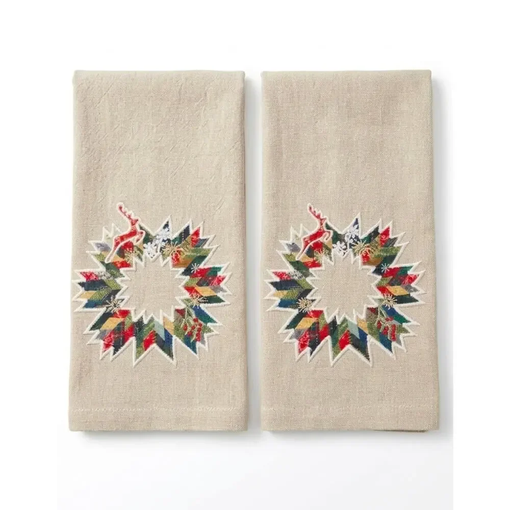 Pottery Barn Winter Wreath Cotton Guest Hand Towels Christmas Wreath